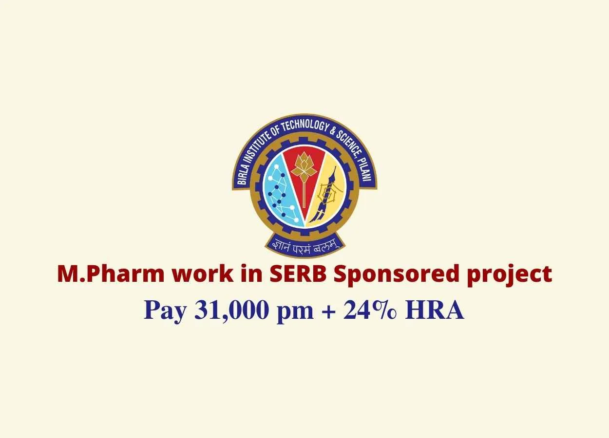 Opportunity for M.Pharm to work in SERB Sponsored project