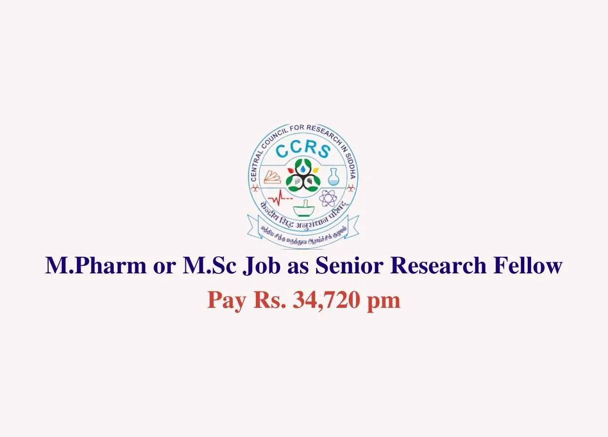 M.Pharm or M.Sc Job as Senior Research Fellow at Siddha Regional Research Institute