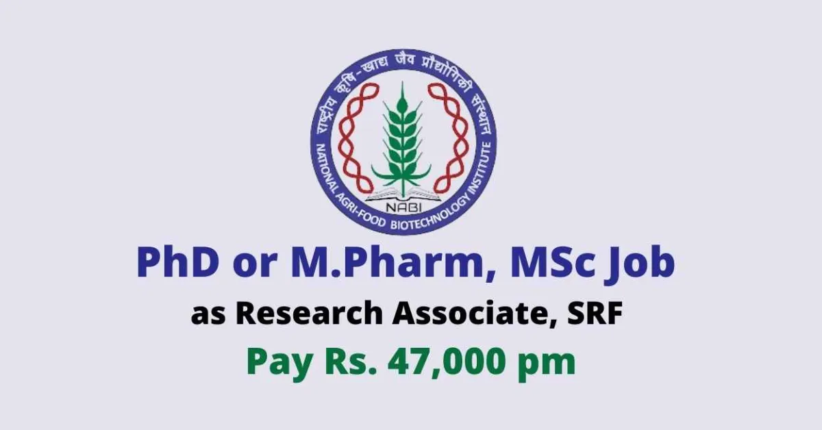 PhD or M.Pharm, MSc Job as Research Associate, SRF at NABI