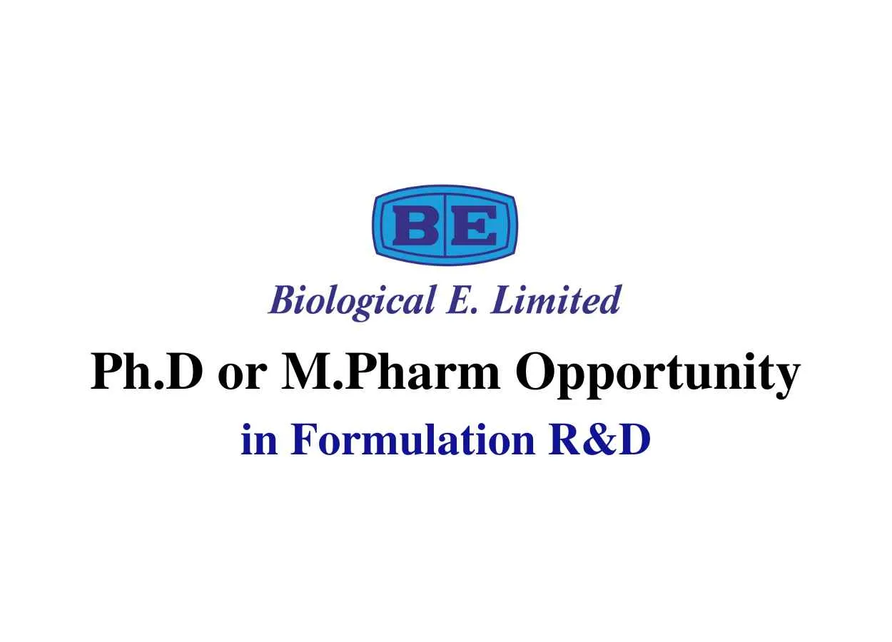Opportunity for Ph.D or M.Pharm in Formulation R&D at Biological E