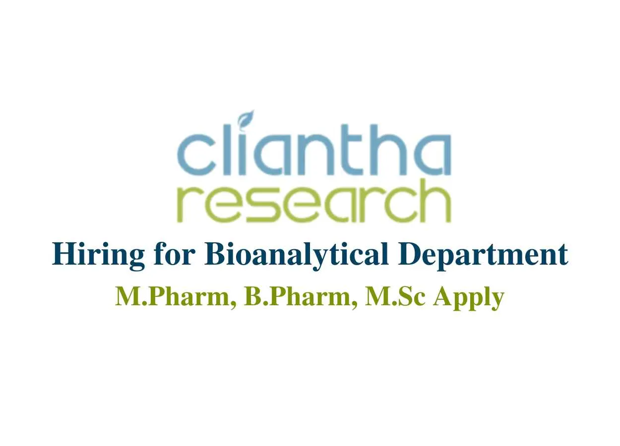 Hiring for Bioanalytical department at Cliantha Research