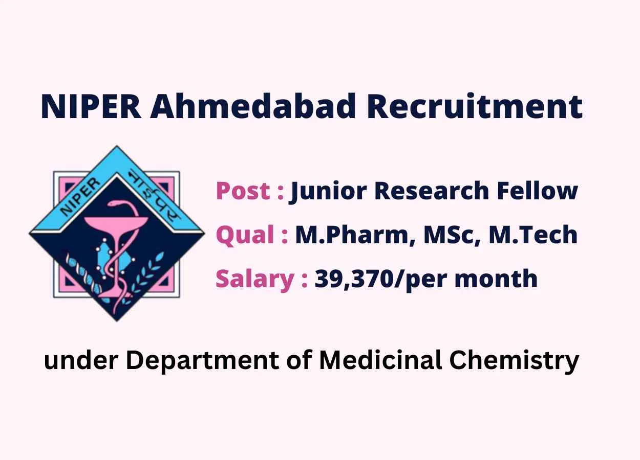 Vacancy for M.Pharm, MSc, M.Tech under Department of Medicinal Chemistry, NIPER