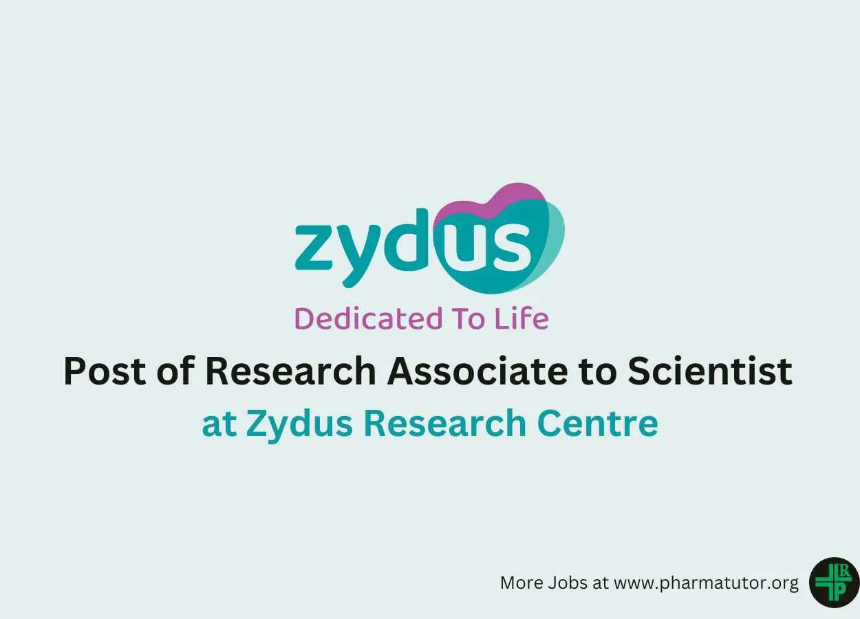 Inviting applications for post of Research Associate to Scientist at Zydus Research Centre