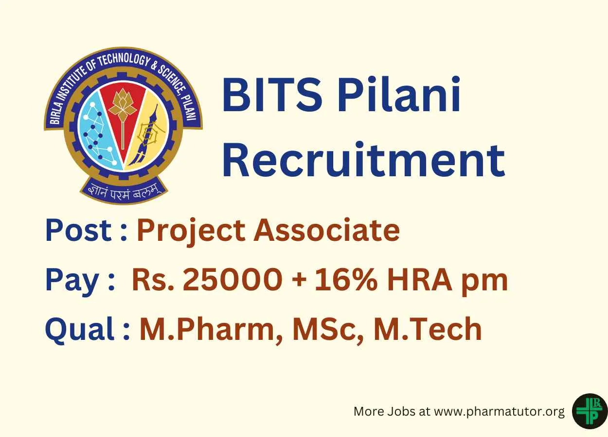 Recruitment for M.Pharm, MSc, M.Tech in SERB-POWER funded project at BITS Pilani
