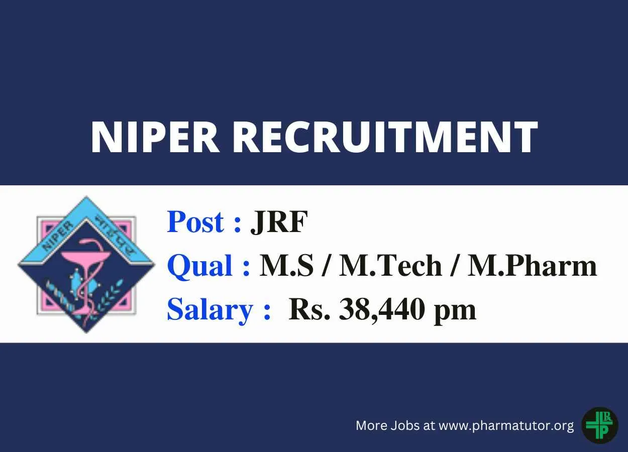 Opportunity for M.Pharm, M.Tech, MSc as JRF at NIPER