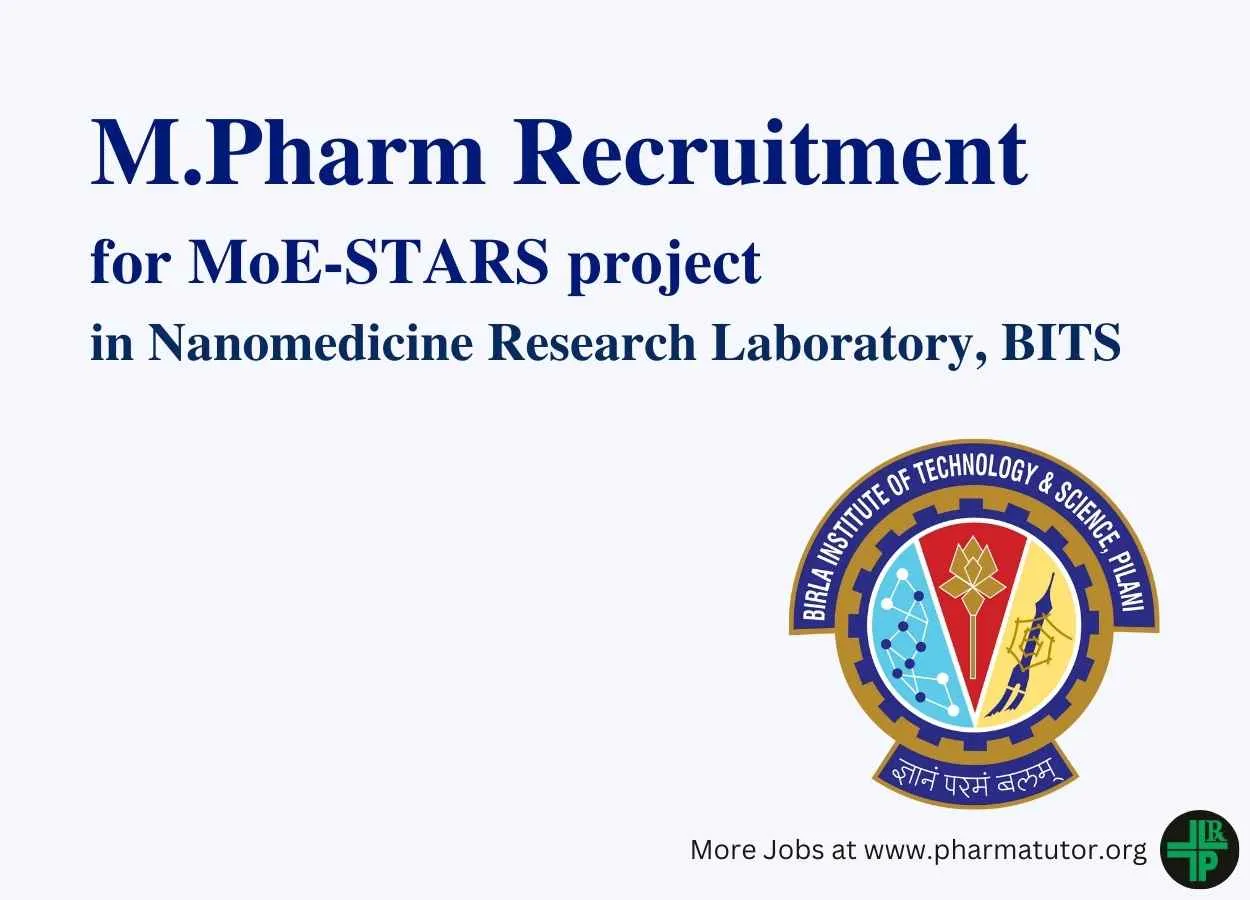 Career for M.Pharm for MoE-STARS project at BITS