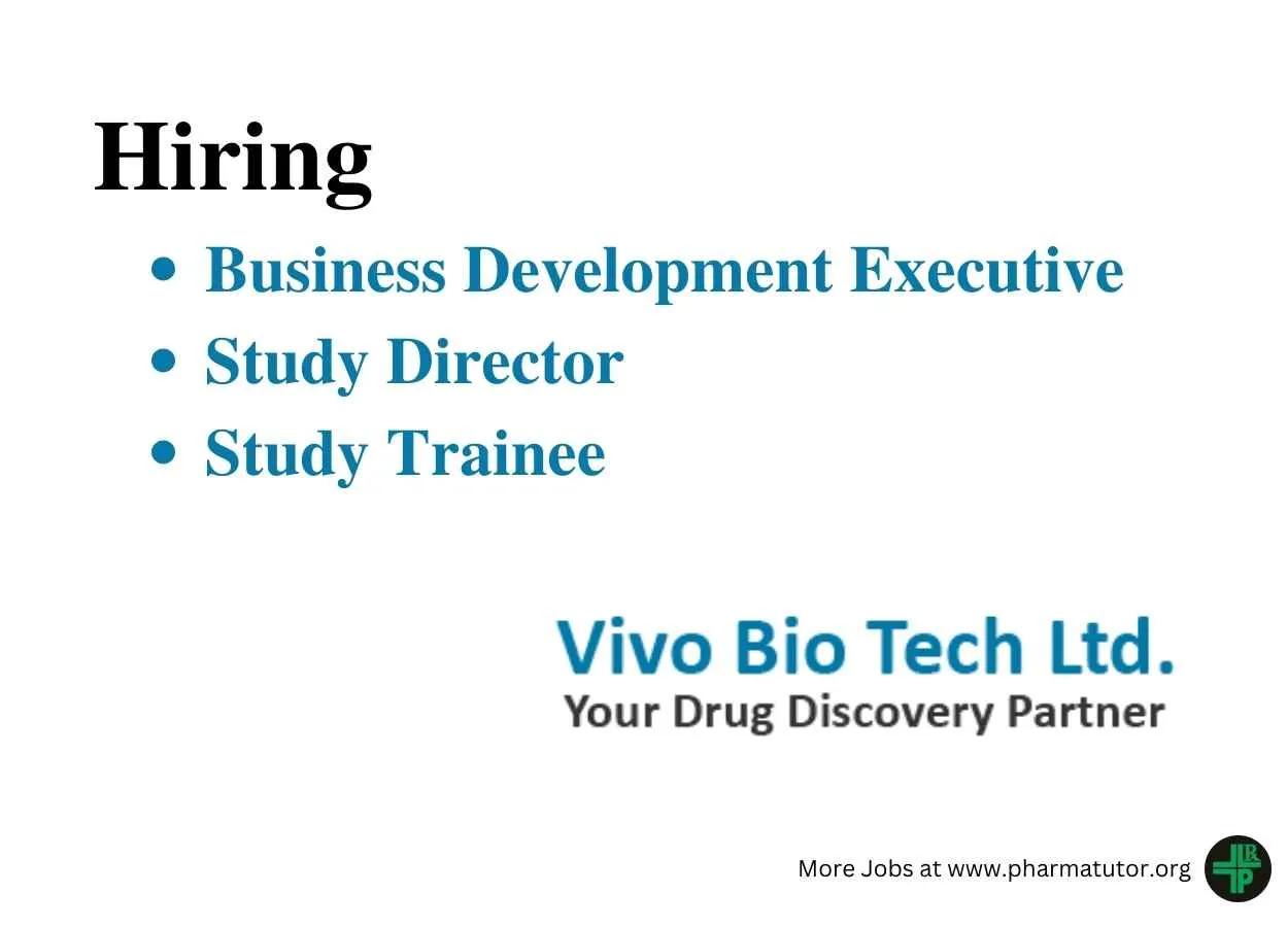 Vivo Bio Tech Hiring Business Development Executive, Study Director, Study Trainee