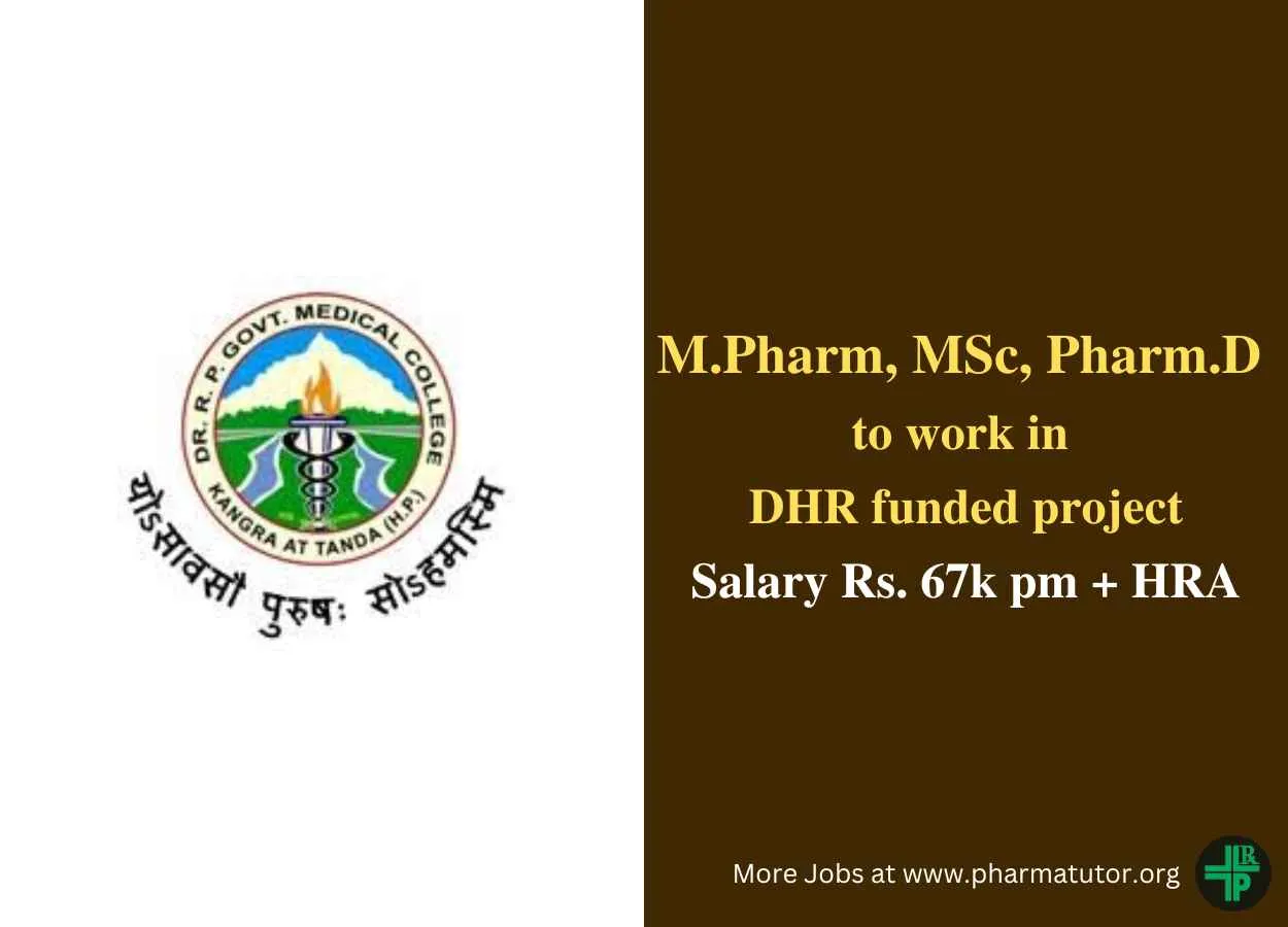 Vacancy for MSc, M.Pharm, Pharm.D to work in DHR funded project at RPGMC