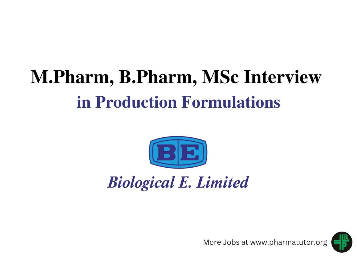 Walk in Drive for M.Pharm, B.Pharm, MSc in Production Formulations at Biological E