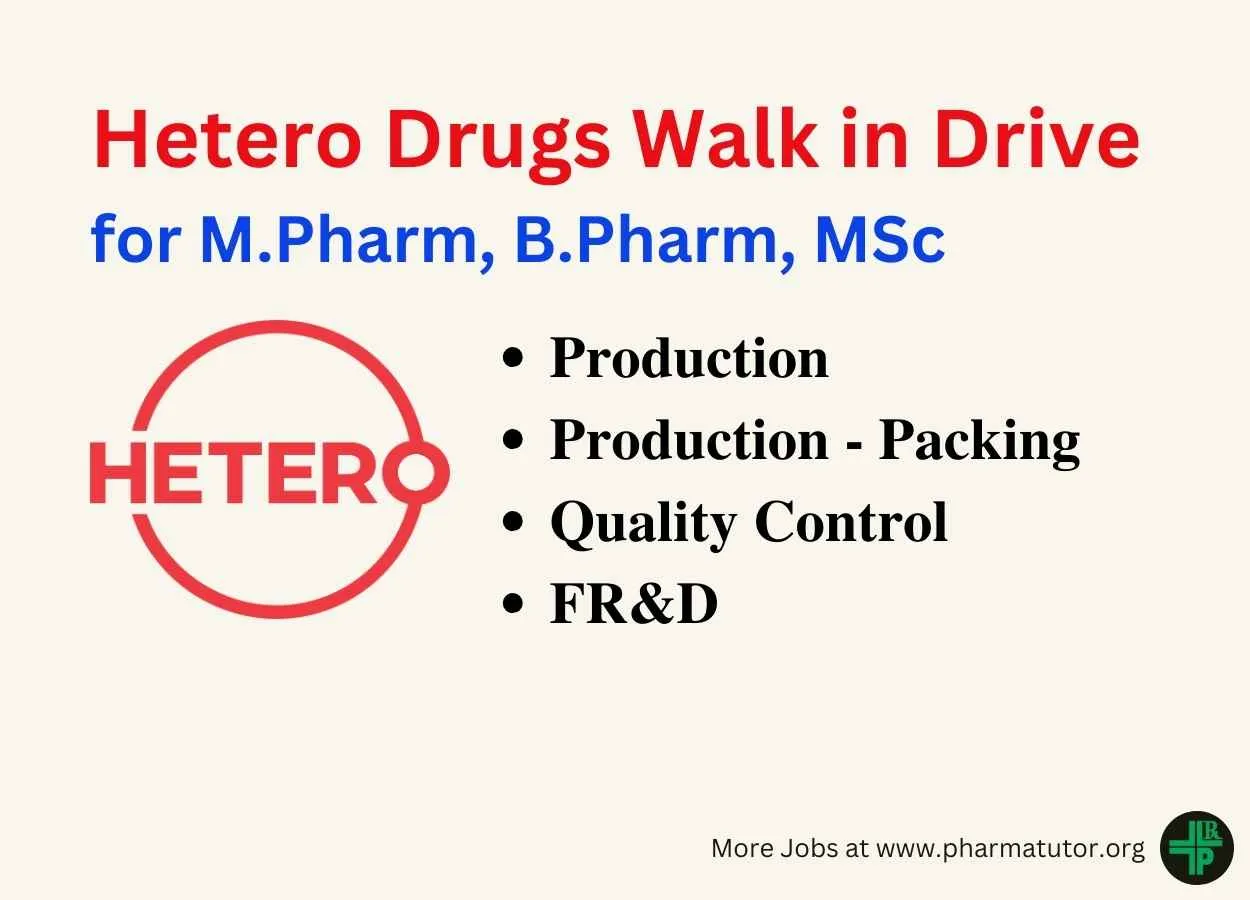 Hetero Drugs Walk in Drive for M.Pharm, B.Pharm, MSc in Production, QC, AR&D, FR&D