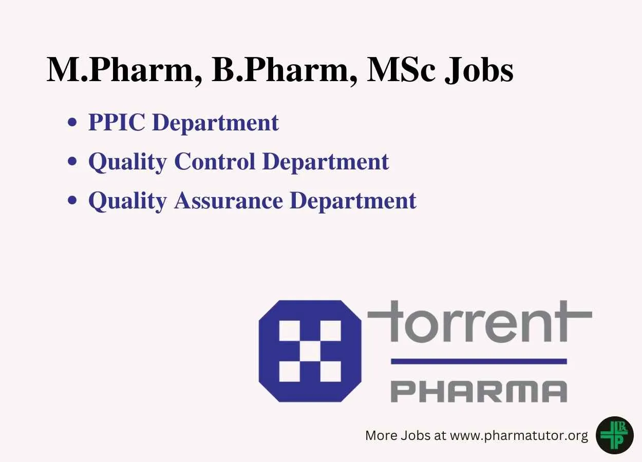 Job for M.Pharm, B.Pharm, MSc in QA, QC, PPIC Department at Torrent Pharma