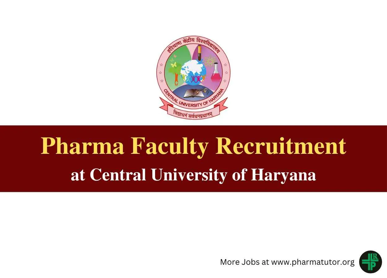 Online applications are invited for Pharma Faculty at Central University of Haryana