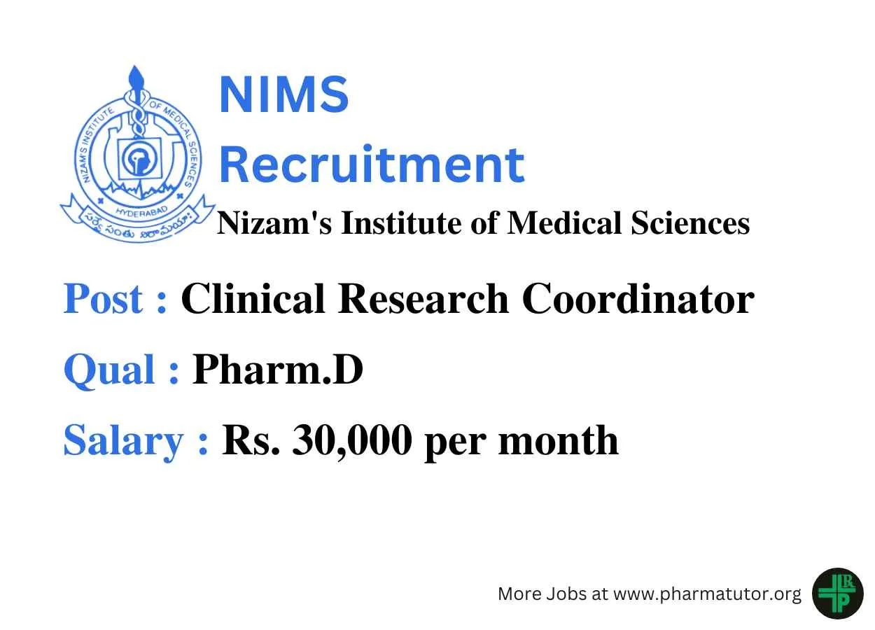 Opportunity for Pharm.D as Clinical Research Coordinator at NIMS