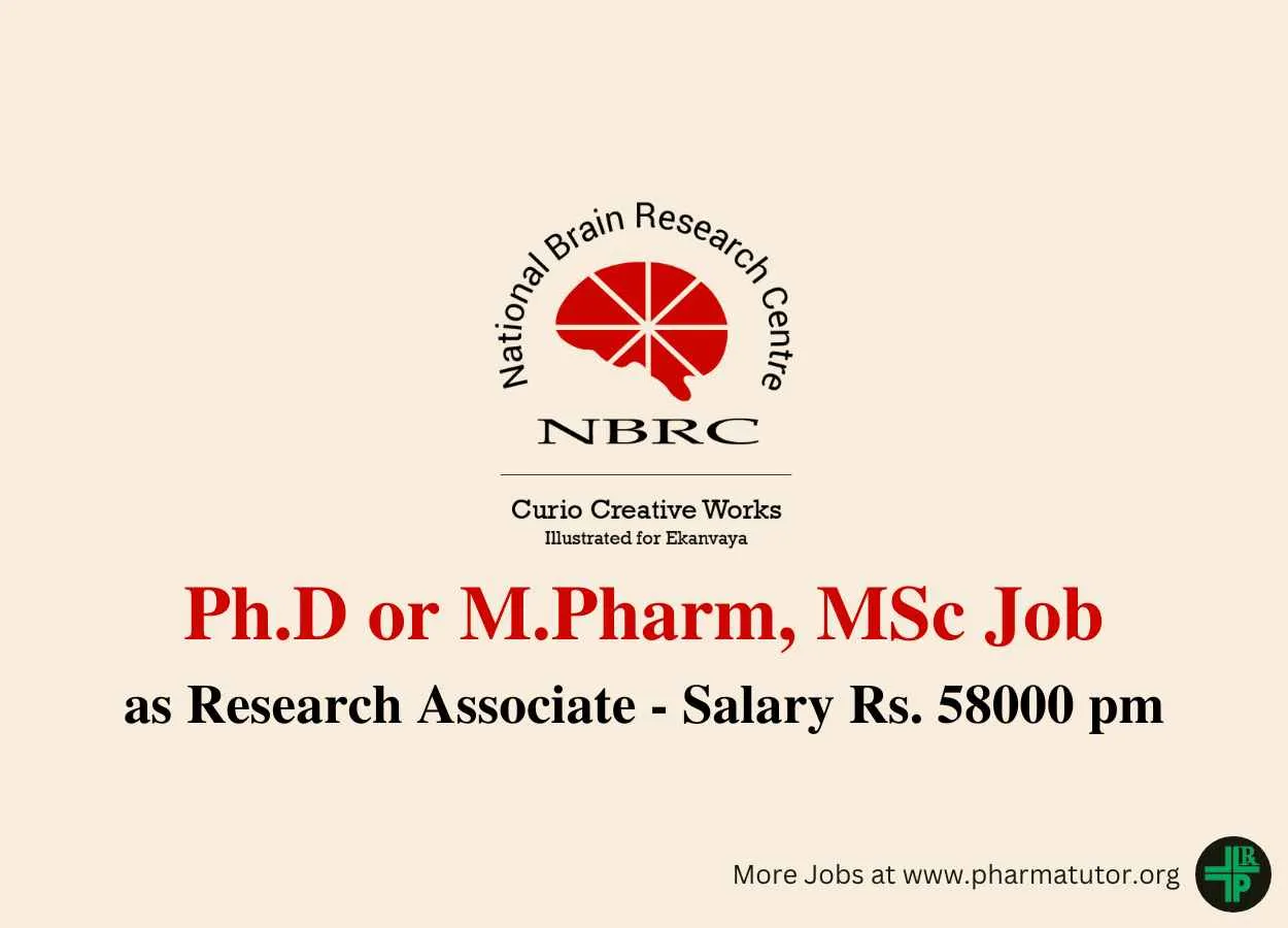 Opportunity for Ph.D or M.Pharm, MSc as Research Associate at NBRC