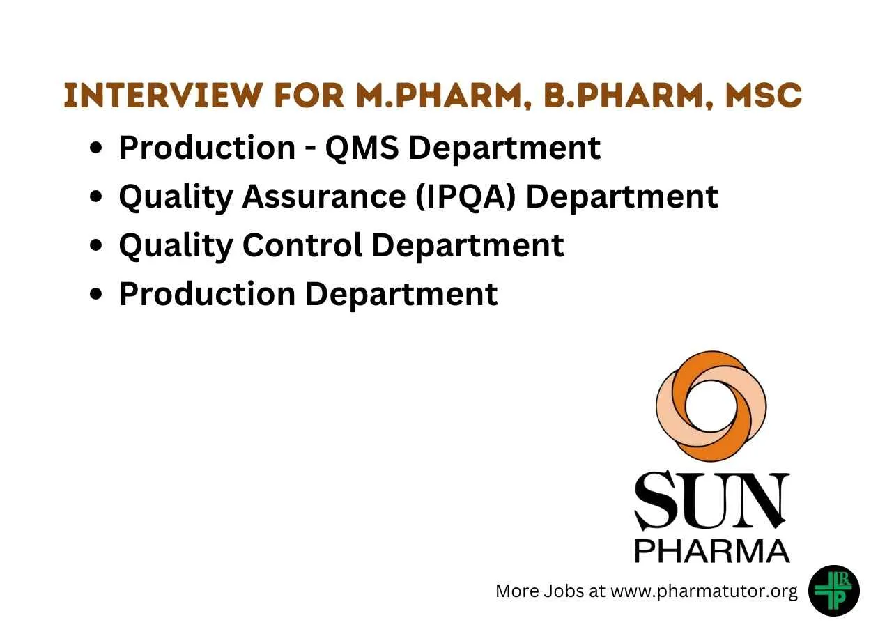 Interview for M.Pharm, B.Pharm, MSc in QA, QC, Production at Sun Pharma