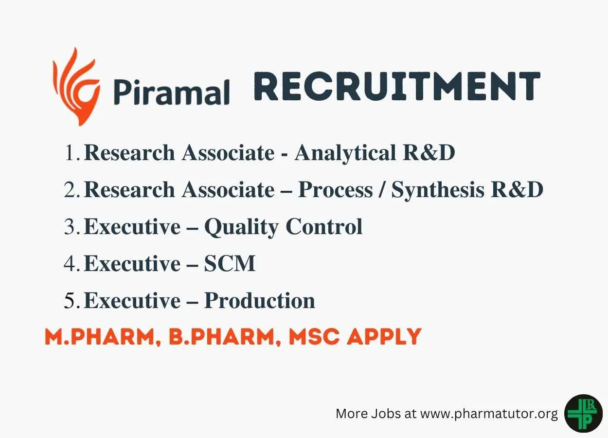 Vacancy for M.Pharm, B.Pharm, MSc in Multiple Department at Piramal Pharma Solutions