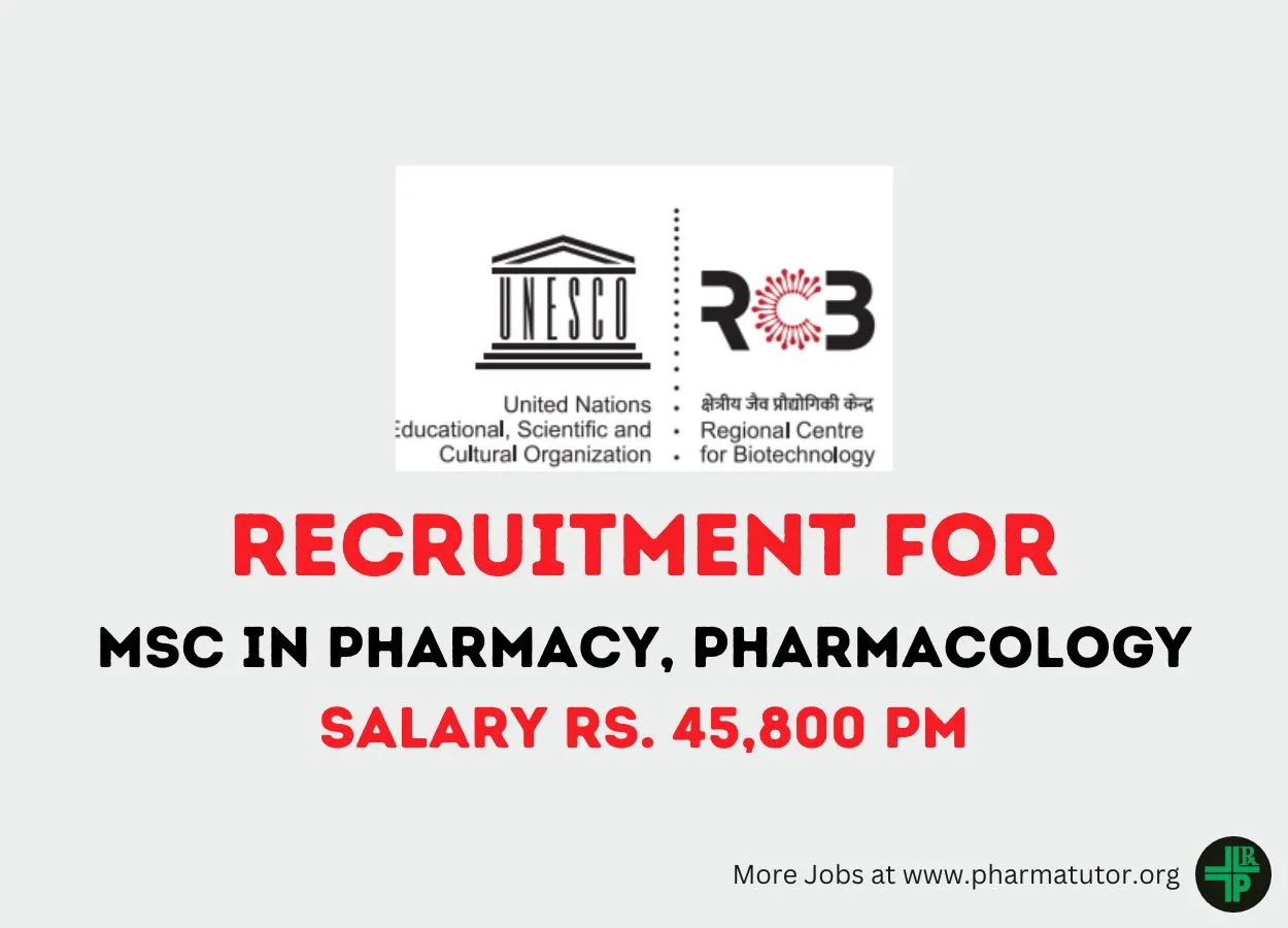 Vacancy for MSc in Pharmacy, Pharmacology at Regional Centre for Biotechnology