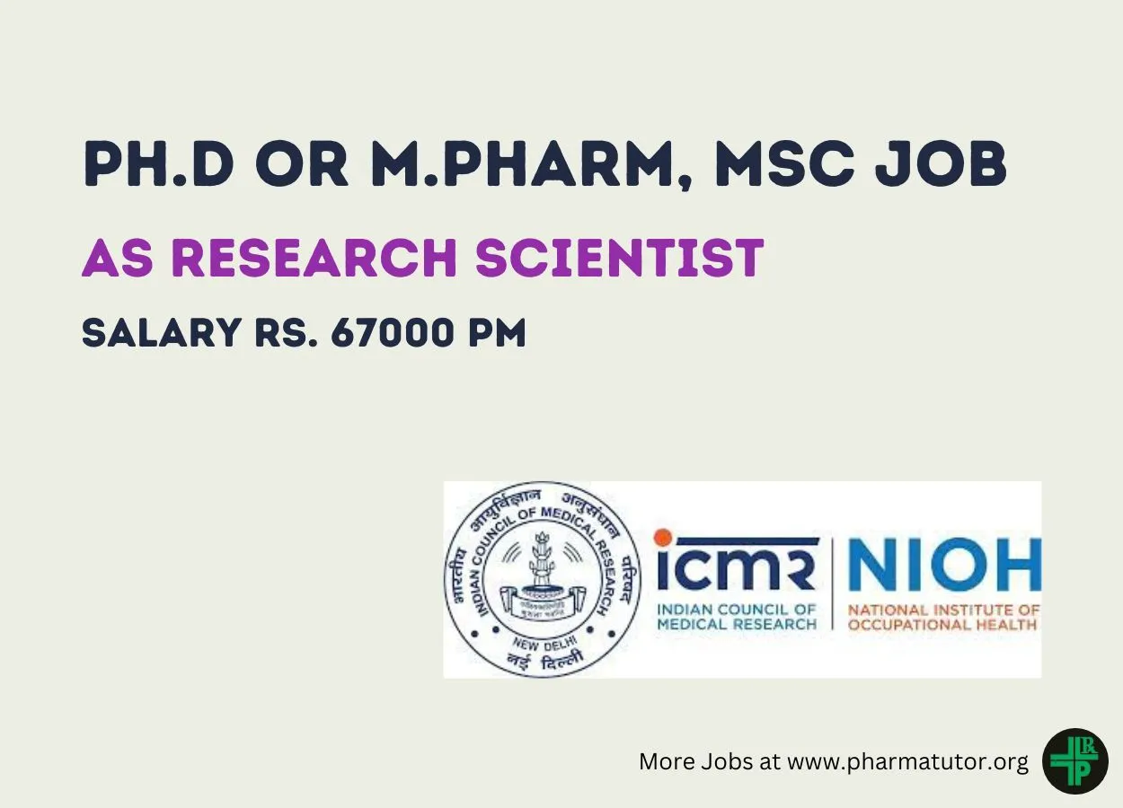 Recruitment for Ph.D or M.Pharm, MSc as Research Scientist at NIOH