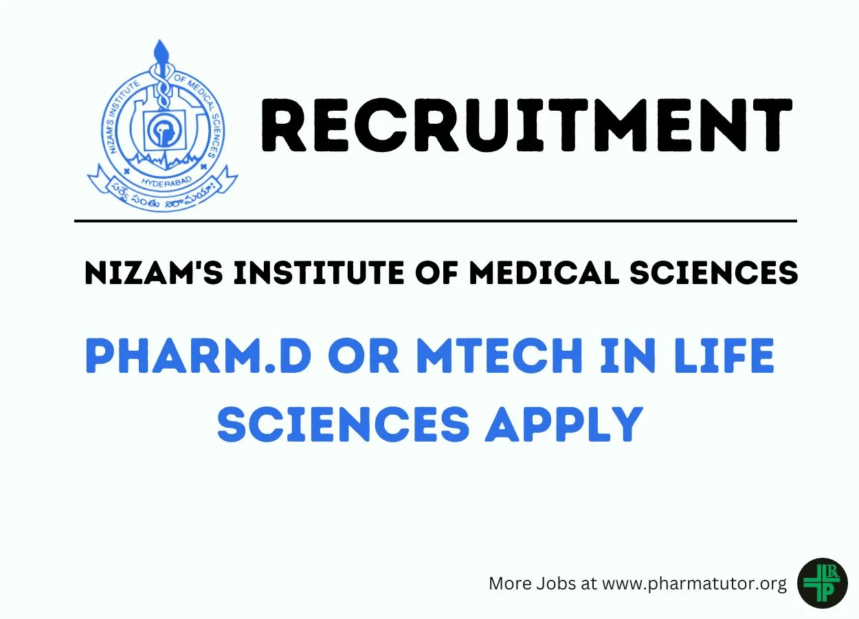 Vacancy for Pharm.D or MTech in Life Sciences as Clinical Research Coordinator at NIMS