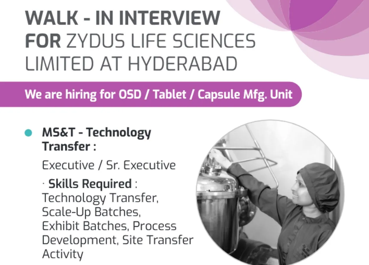 Walk in Drive for B.Pharm, M.Pharm in Technology Transfer at Zydus Lifesciences