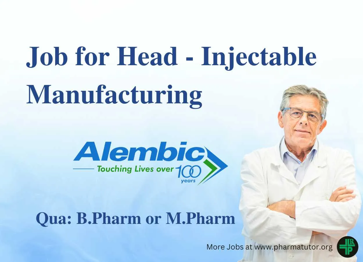 Job for Head - Injectable Manufacturing at Alembic Pharma
