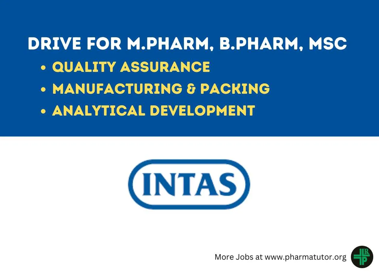 Intas Pharma Drive for M.Pharm, B.Pharm, MSc in QA, Manufacturing, Packing, Analytical Development