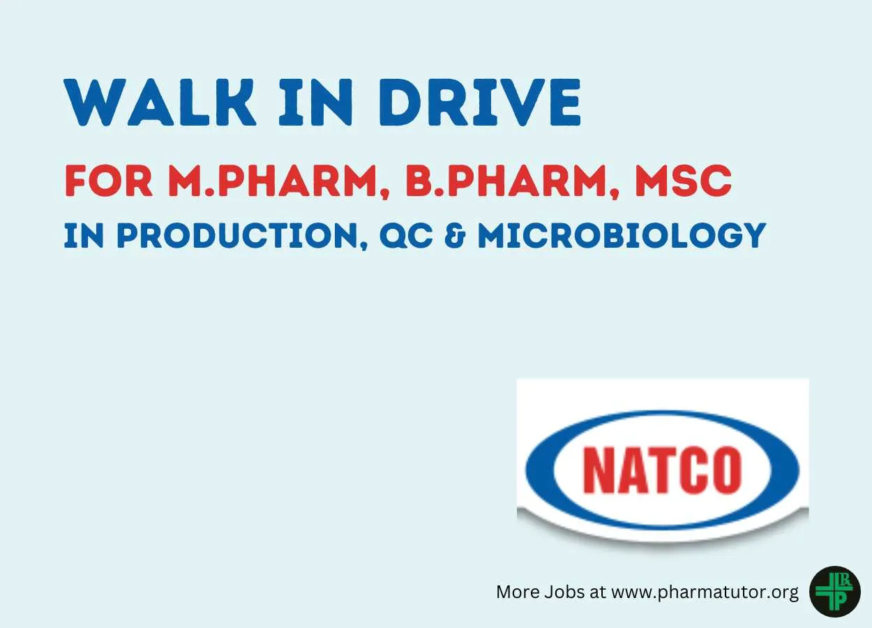 Natco Pharma Limited Walk in Drive for M.Pharm, B.Pharm, MSc in Production, QC & Microbiology