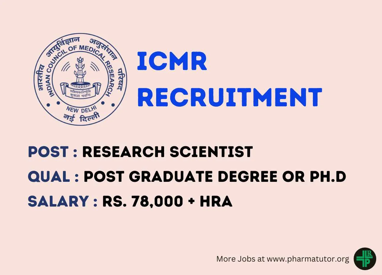Applications are invited for post of Research Scientist under Division of CD at ICMR Hqrs
