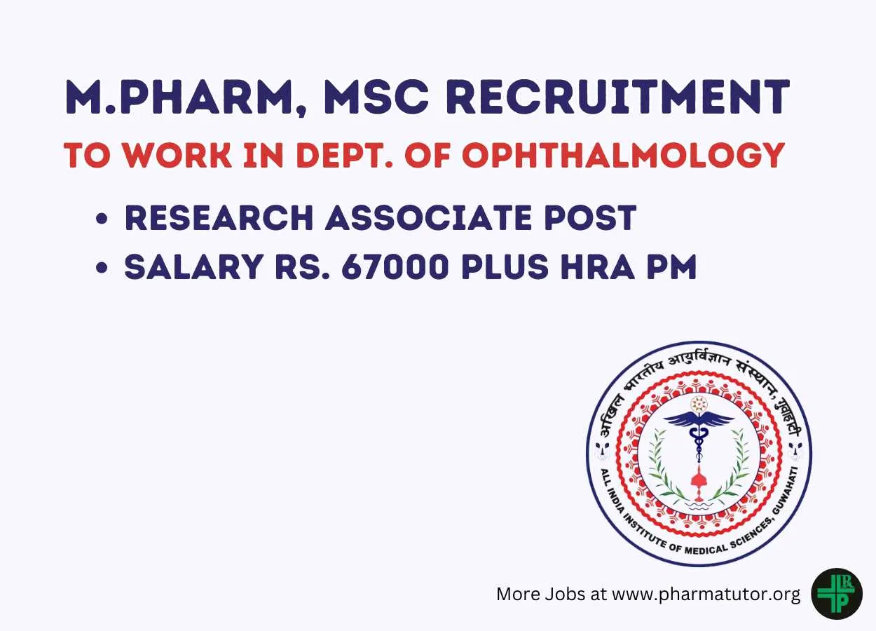 Career for M.Pharm, MSc to work in Dept. of Ophthalmology as Research Associate at AIIMS, Salary Rs. 67000 plus HRA pm