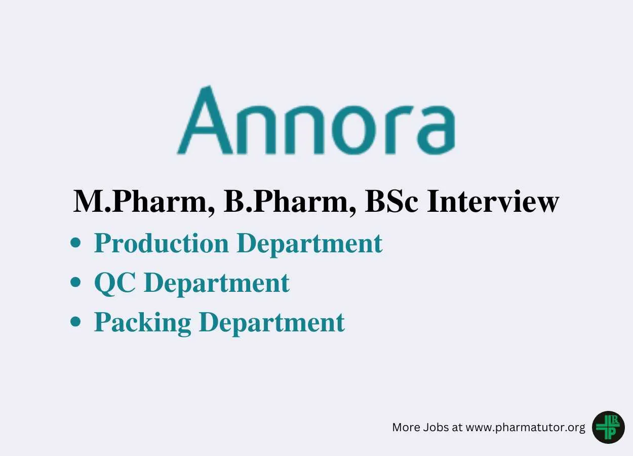 Recruitment for M.Pharm, B.Pharm, BSc in Production, QC, Packing at ANNORA Pharma - walk in jobs