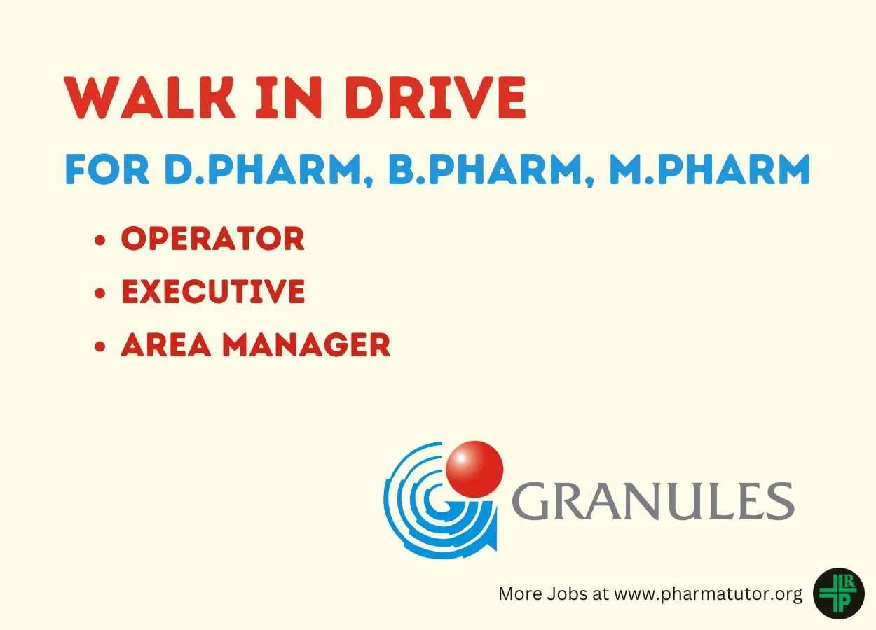 Walk In Drive for D.Pharm, B.Pharm, M.Pharm in Production at Granules India