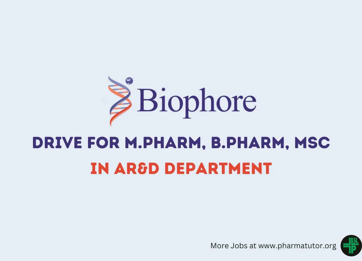 Walk in Drive for M.Pharm, B.Pharm, MSc in AR&D Department at Biophore 
