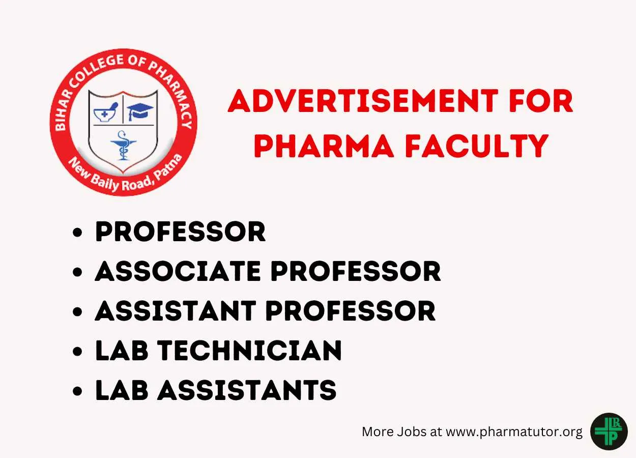 Advertisement for Pharma Faculty at Bihar College of Pharmacy