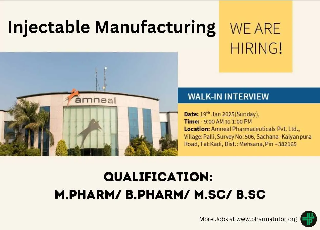 Amneal Pharmaceuticals is looking for candidates with relevant experience in injectable