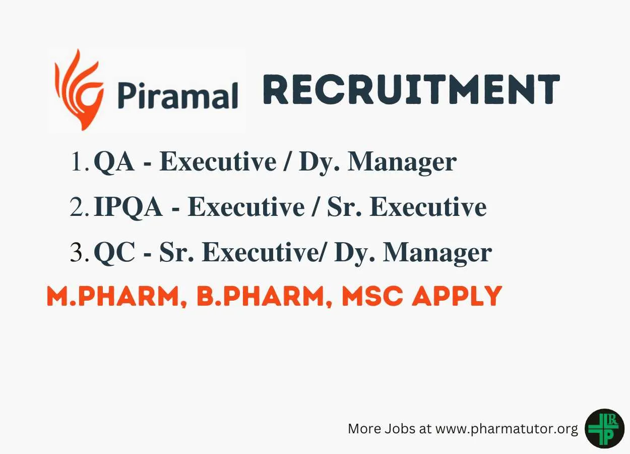 Hiring M.Pharm, B.Pharm, MSc candidates in QC and QA at Piramal Pharma