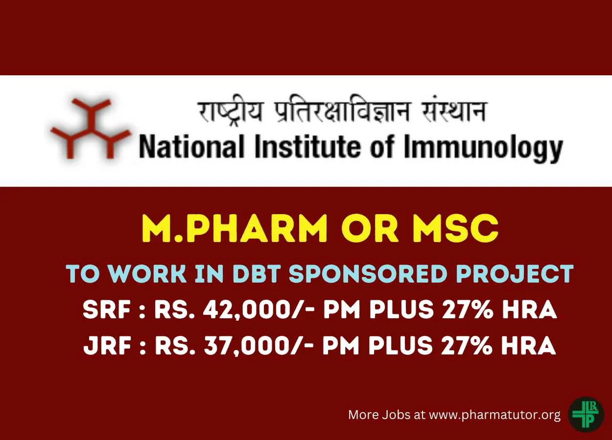 Job for M.Pharm or MSc to work in DBT sponsored Project at National Institute of Immunology