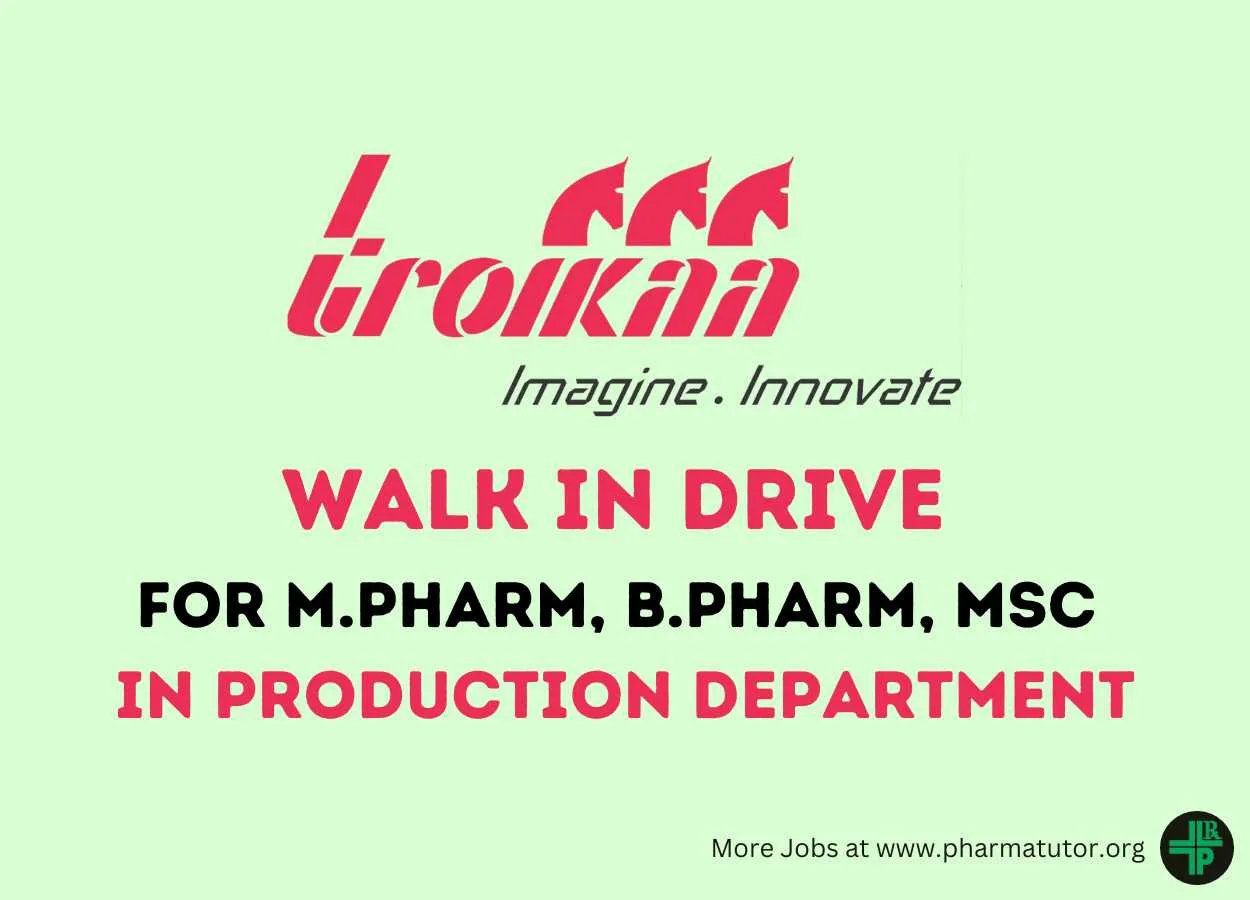 Troikaa Pharma Walk In Drive for M.Pharm, B.Pharm, MSc in Production