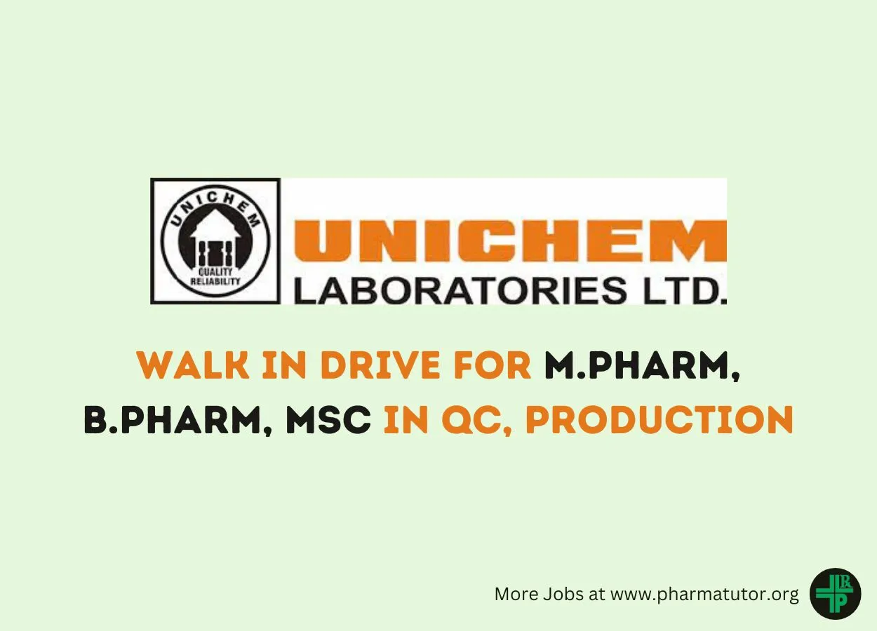 Walk in Drive for M.Pharm, B.Pharm, MSc in QC, Production at Unichem Laboratories 
