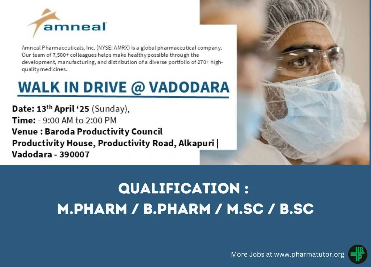 Amneal Pharma Hiring M.Pharm, B.Pharm, MSc in Injectable Manufacturing