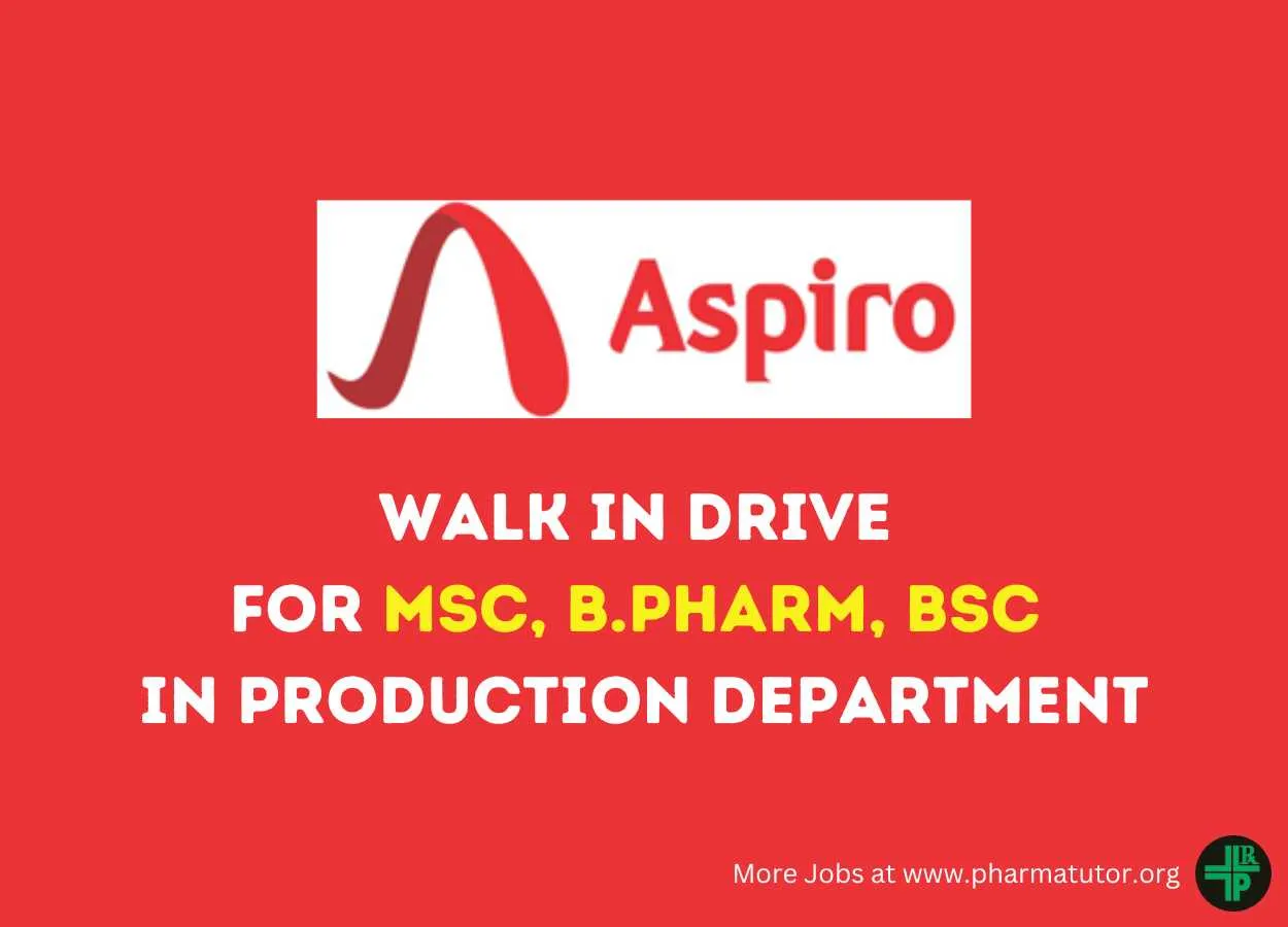 Aspiro Pharma Walk in Drive for MSc, B.Pharm, BSc in Production Department