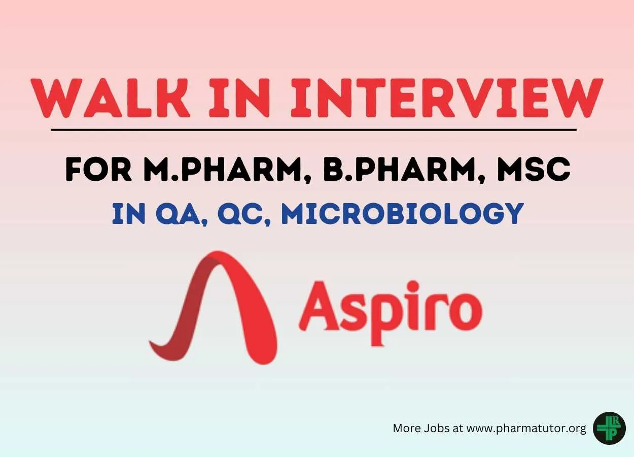 Walk in Drive for M.Pharm, B.Pharm, MSc in QA, QC, Microbiology at Aspiro Pharma
