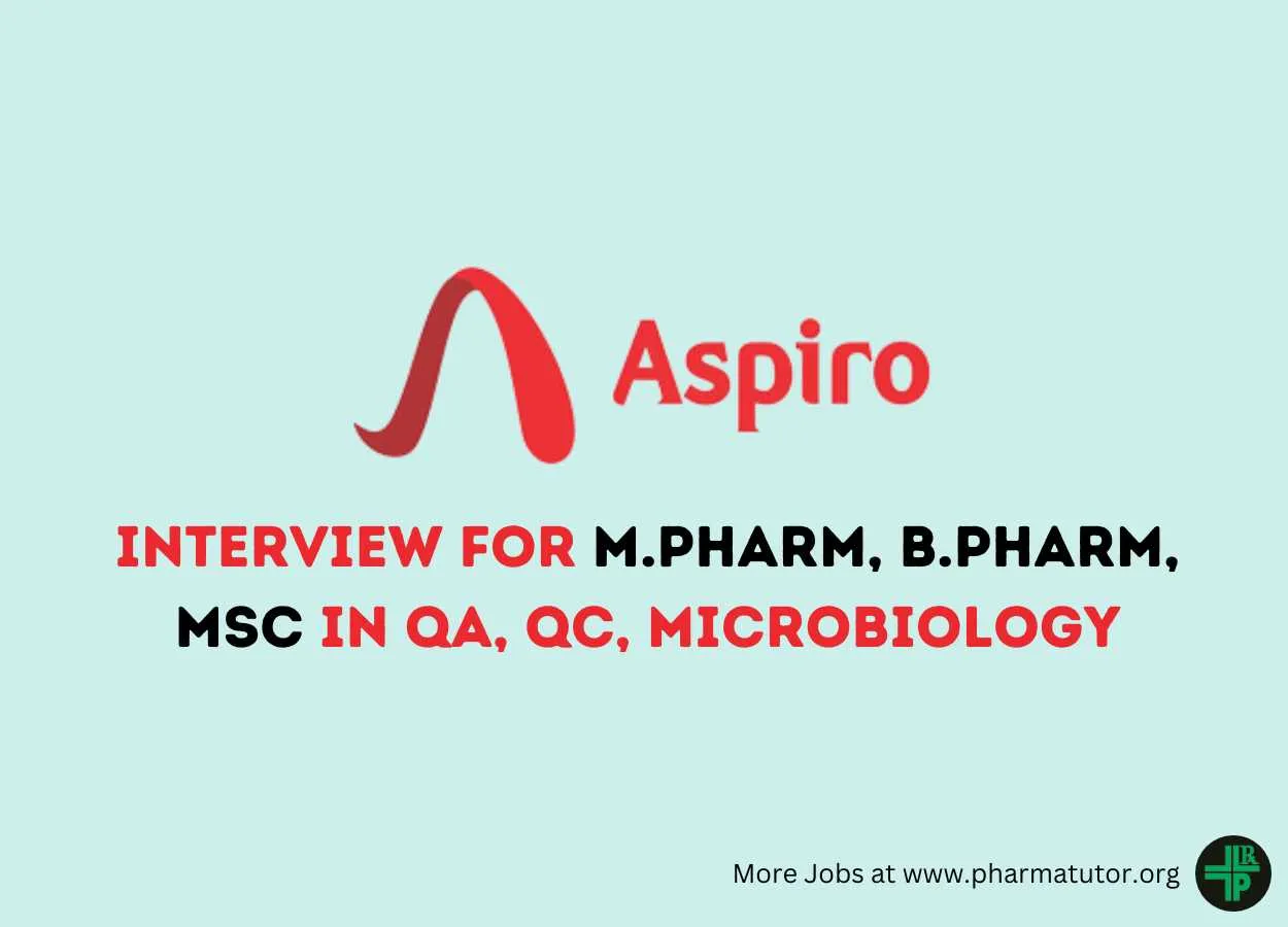 Walk in Interview for M.Pharm, B.Pharm, MSc in QA, QC, Microbiology at Aspiro Pharma