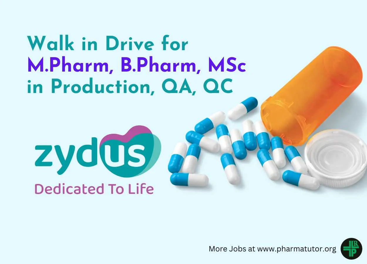 Zydus Lifesciences Walk in Drive for M.Pharm, B.Pharm, MSc in Production, Quality Assurance, Quality Control