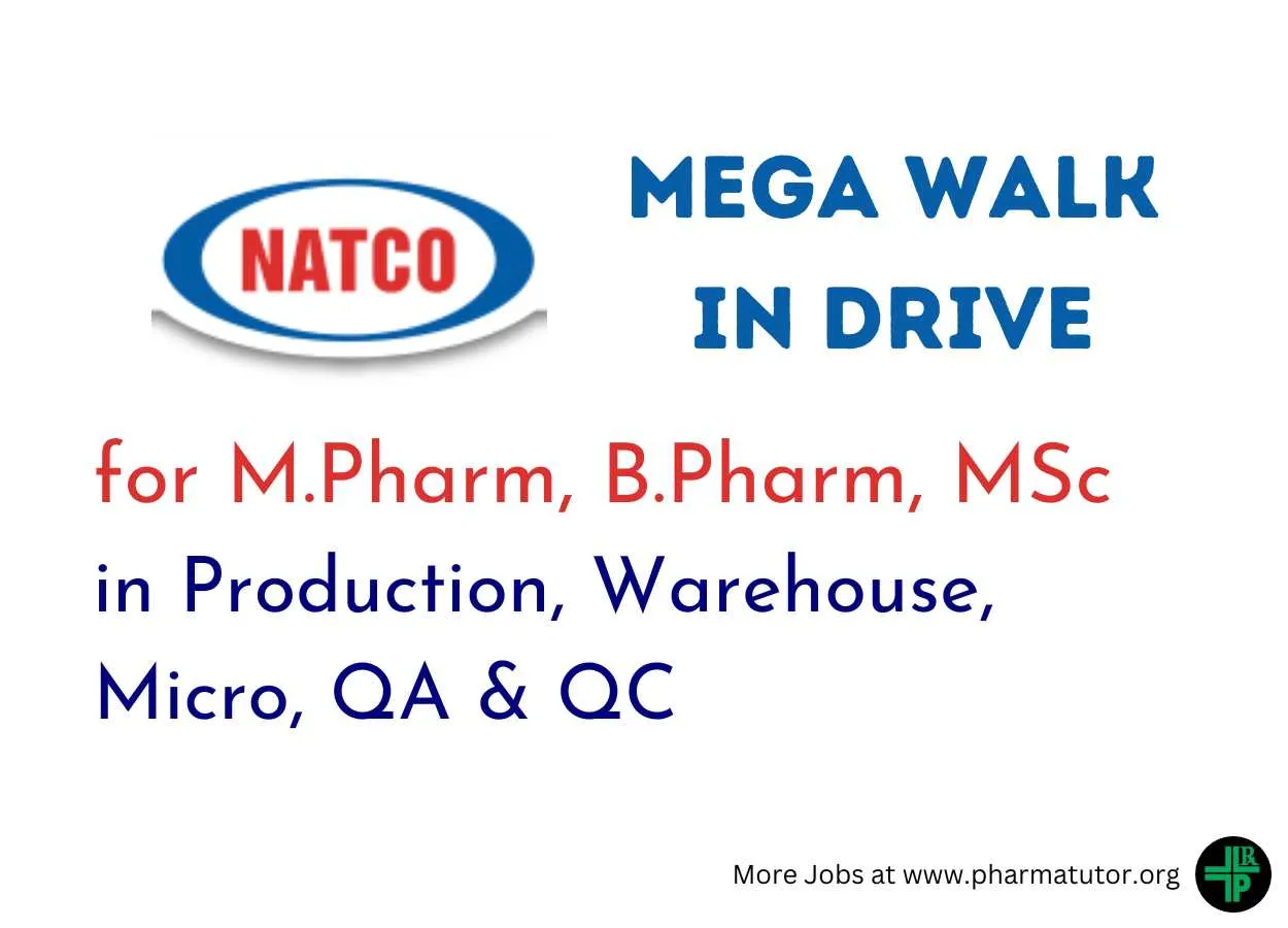 Mega Walk in Drive for M.Pharm, B.Pharm, MSc in Production, Warehouse, Micro, QA & QC at Natco Pharma