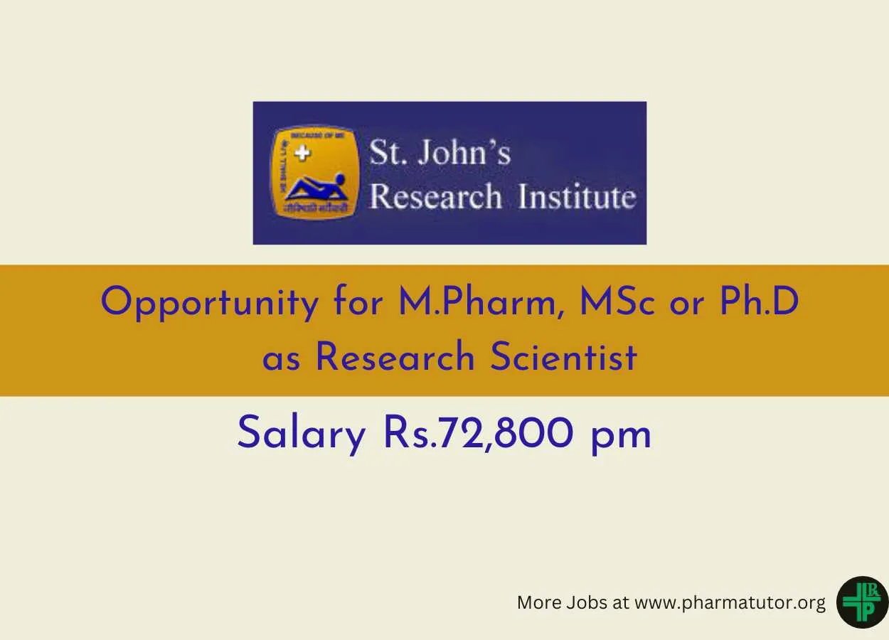 Opportunity for M.Pharm, MSc or Ph.D as Research Scientist at SJRI