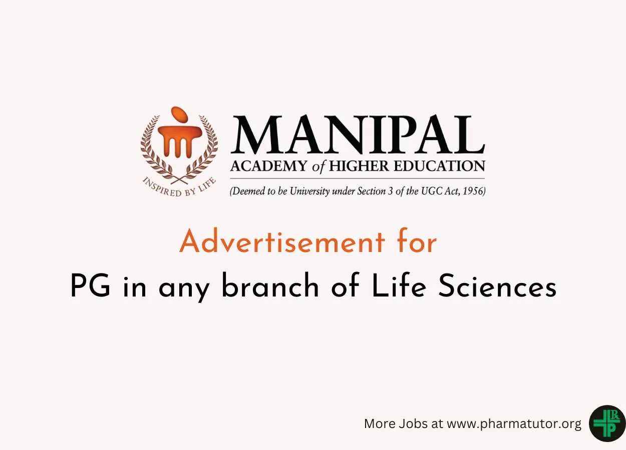 Advertisement for PG in any branch of Life Sciences at MAHE