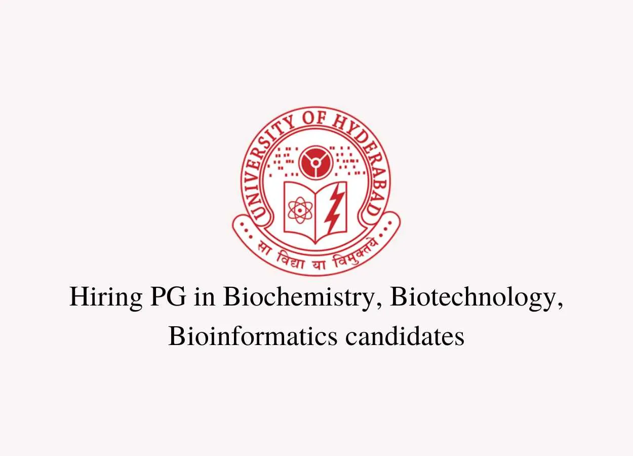 University of Hyderabad Hiring PG in Biochemistry, Biotechnology, Bioinformatics candidates