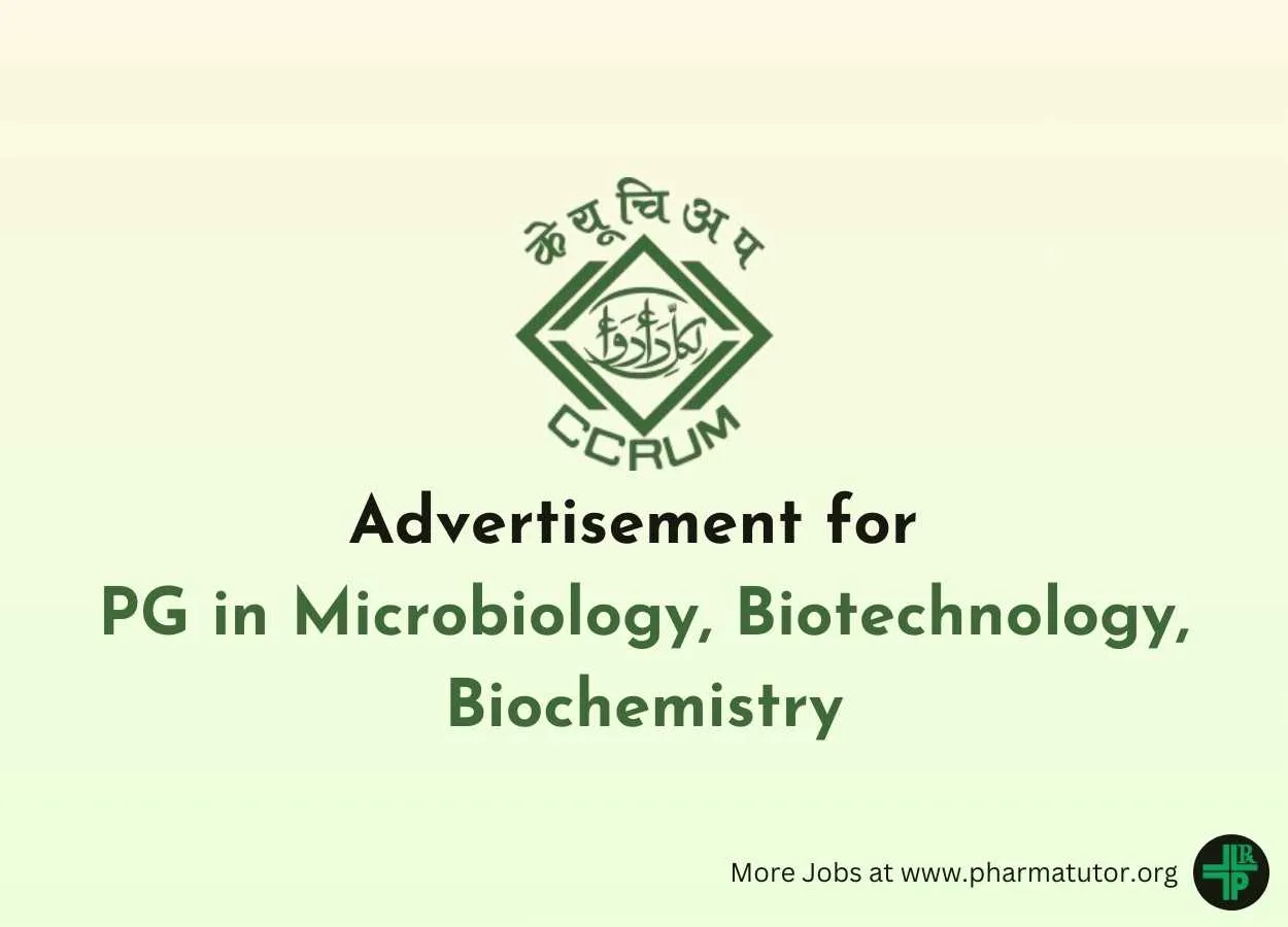 Advertisement for PG in Microbiology, Biotechnology, Biochemistry at CCRUM