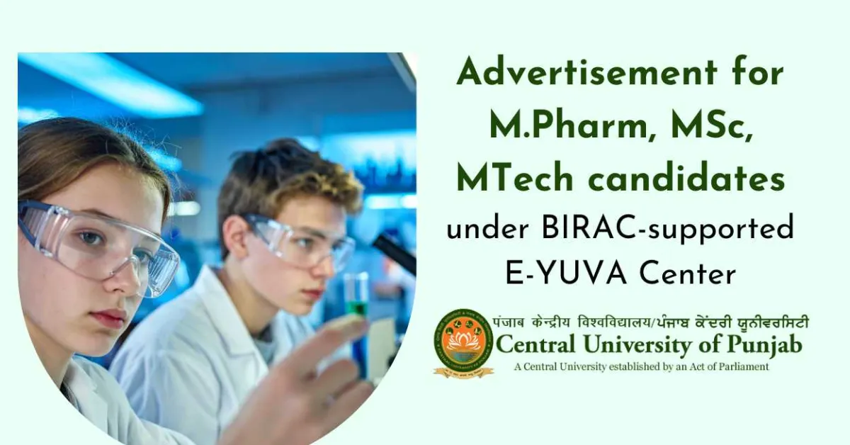 Advertisement for M.Pharm, MSc, MTech candidates under BIRAC-supported E-YUVA Center