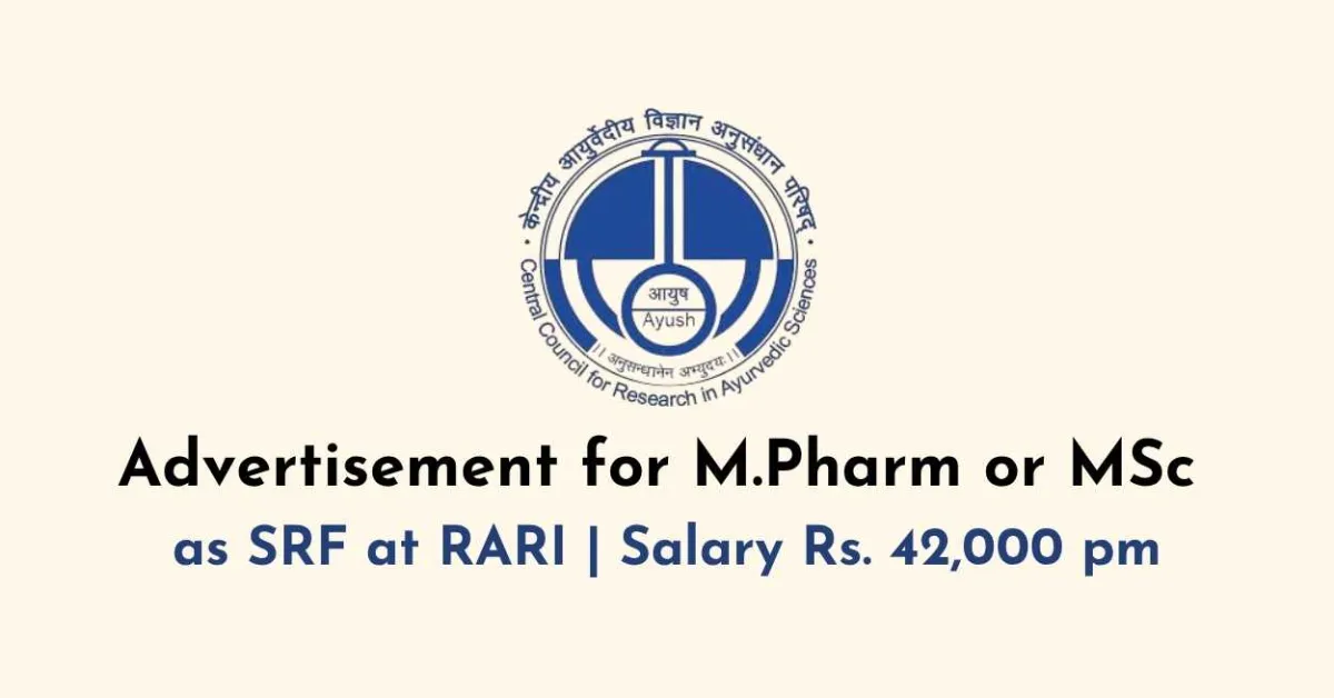 Advertisement for M.Pharm or MSc as SRF at RARI